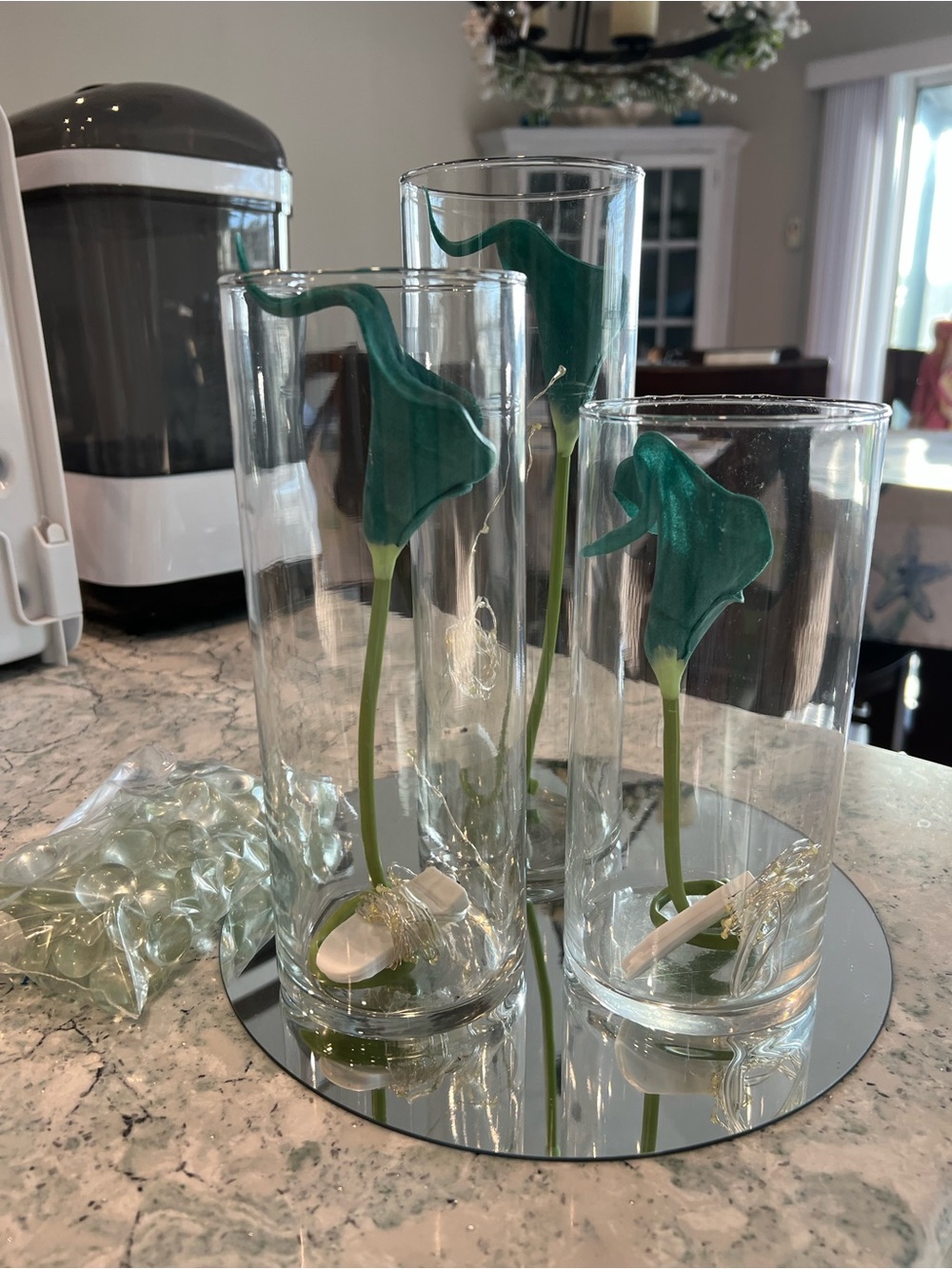 Clear Glass Cylinder Vases with Teal Calla Stems - mirror tray Home Accents